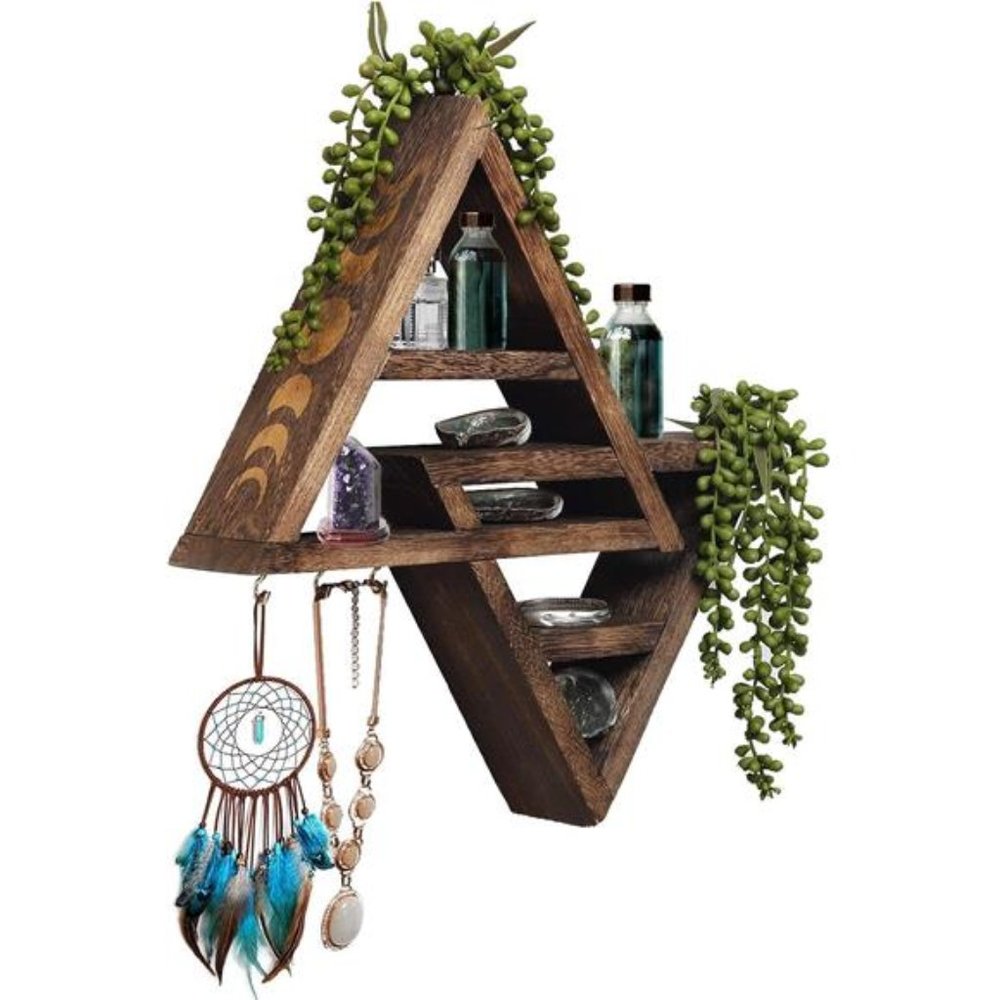 Moon Phase Triangle Shelf with Hooks -Moon Shelf for Crystal Display -Dark Brown